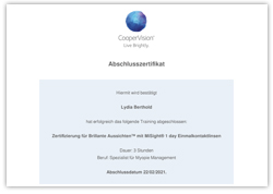 Download Zertifikat - Myopie Management mit MiSight 1 day Einmalkontaktlinsen