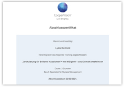 Download Zertifikat - Zertifizierung für brillante Aussichten mit MiSight 1 day Einmalkontaktlinsen